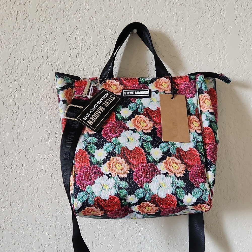 Steve Madden Black Tote Lunch Insulated with Vibrant Floral Design